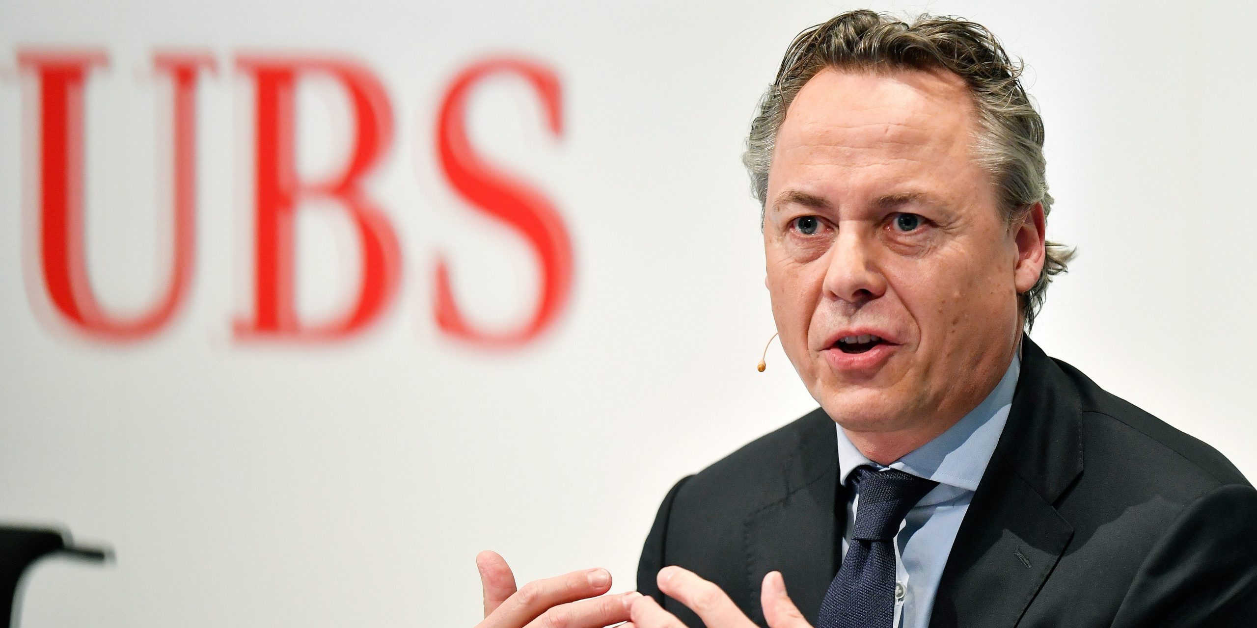 Ralph Hamers, new CEO of Swiss Bank UBS, gestures during a press conference in Zurich, Switzerland, Thursday, Feb. 20, 2020. Dutchman Ralph Hamers will replace Sergio Ermotti, who is still UBS boss, on Nov. 1, 2020. (Walter Bieri/Keystone via AP)