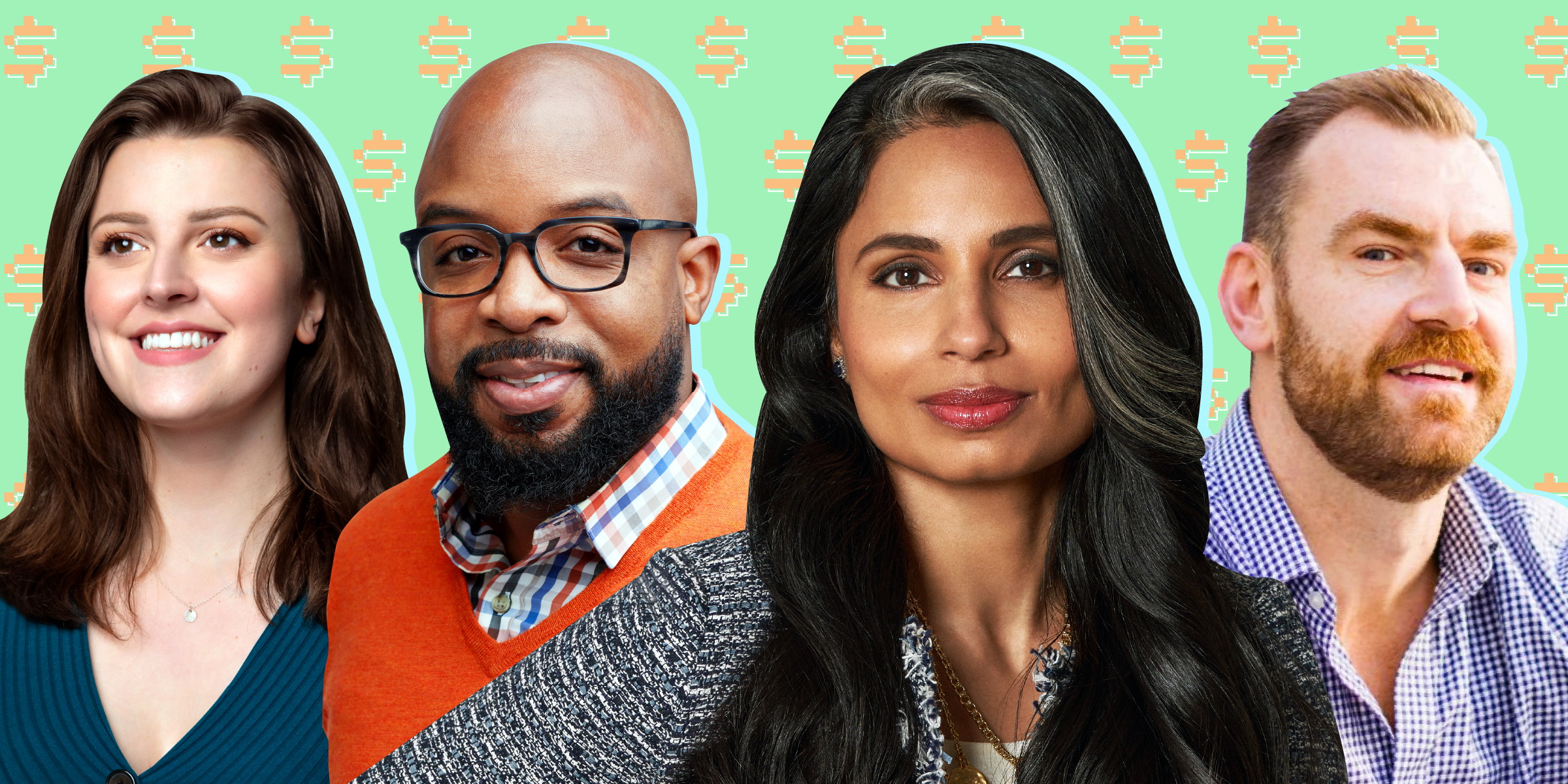 Headshots of Billie Simmons, Donald Hawkins, Asya Bradley, and Rob Curtis against a green background with yellow pixelated dollar signs.