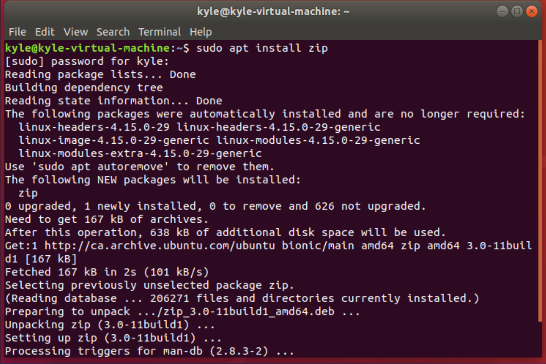 A Linux command line. The command to install the zip command has been entered and processed.