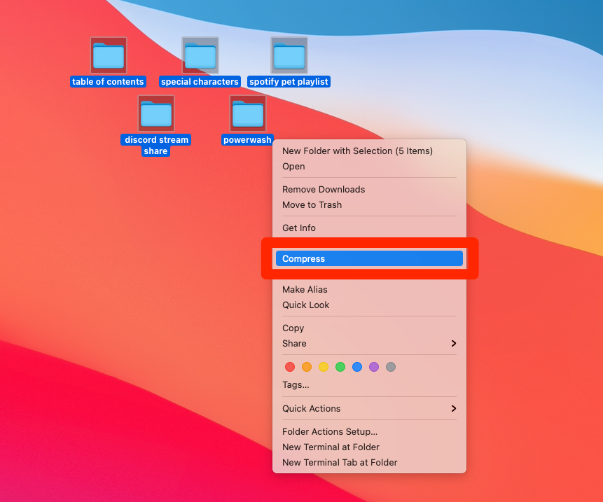 Five folders are highlighted on a Mac desktop, and the option to compress them is highlighted.