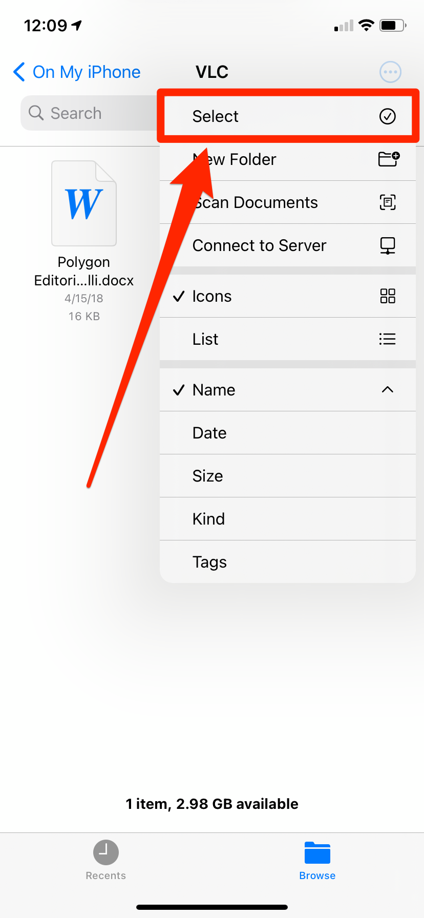 An iPhone's Files app, with the "Select" option highlighted.