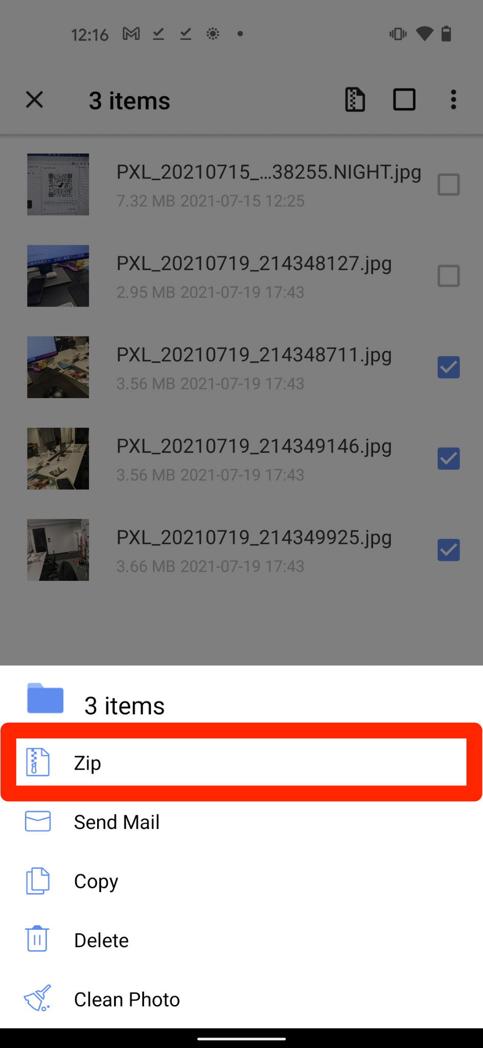 The Android WinZip app with files and the "Zip" option highlighted.