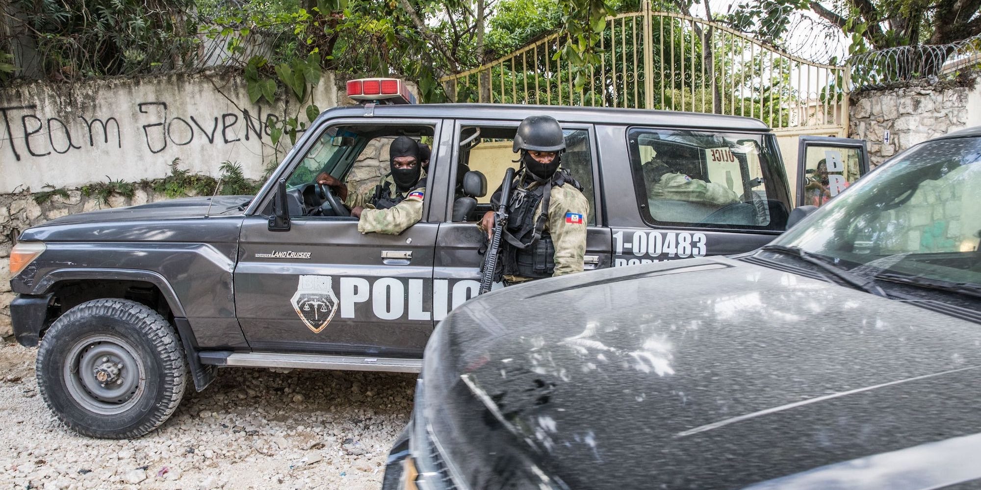 Police stand guard outside the residence of late Haitian President Jovenel Moise in Port-au-Prince on July 15, 2021