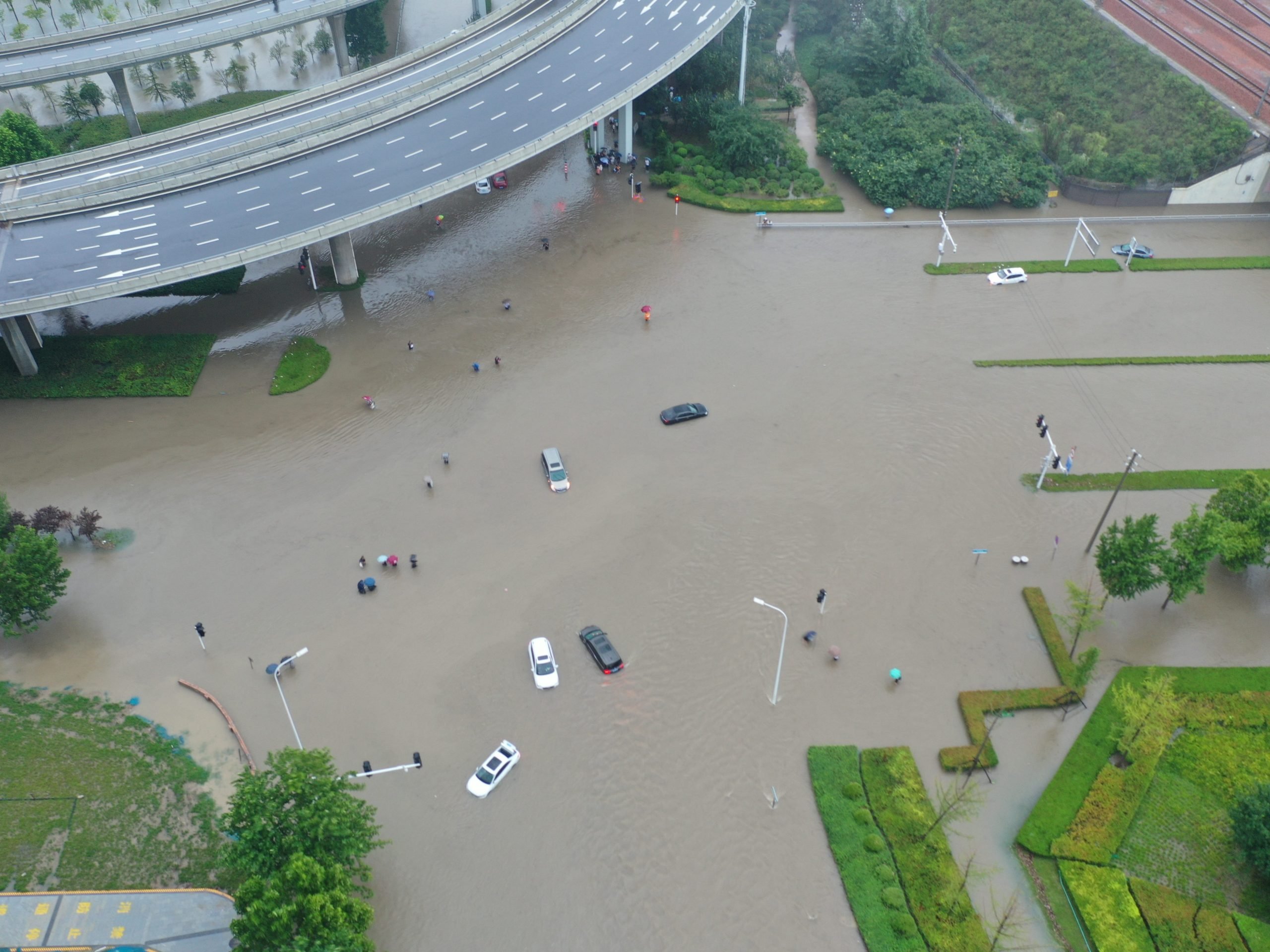 Aerial view of vehicles stranded in floodwater on July 20, 2021 in Zhengzhou, Henan Province of China.