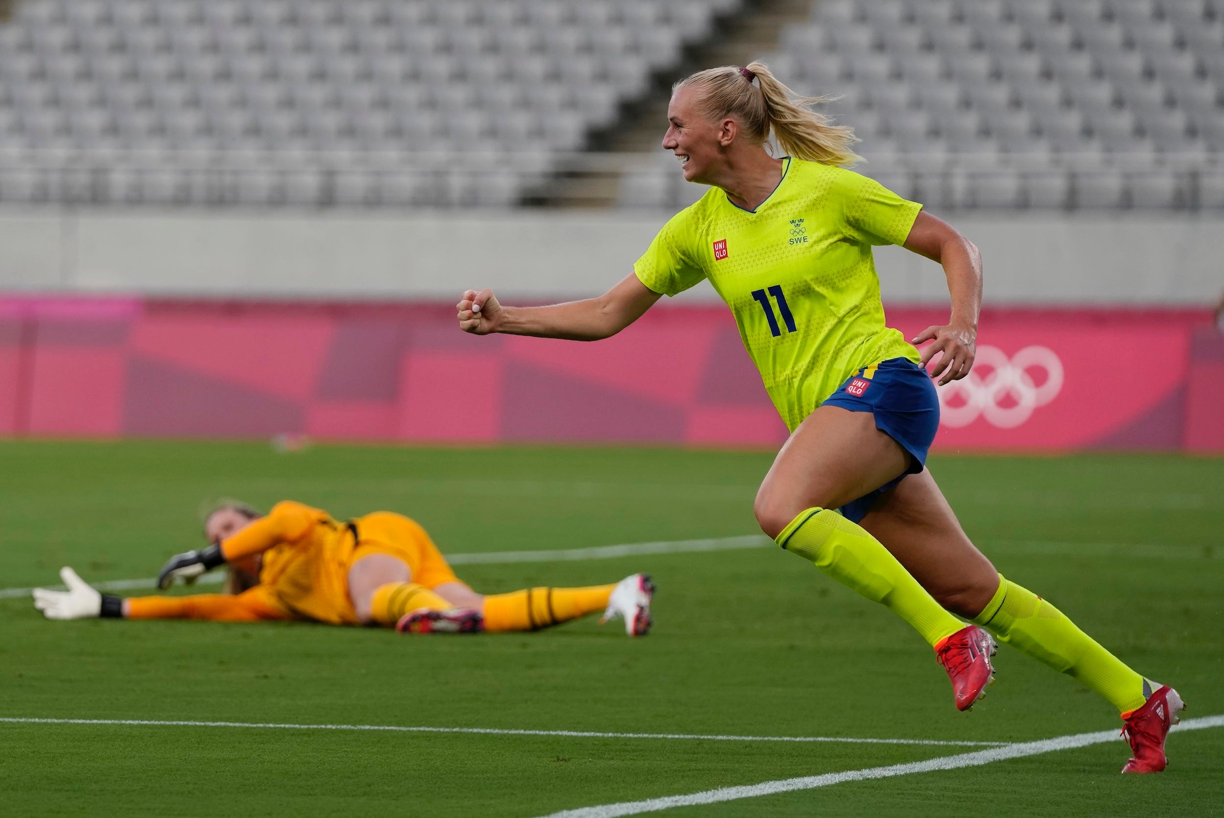 Stina Blackstenius celebrates scoring against the USWNT at the Tokyo Olympics.