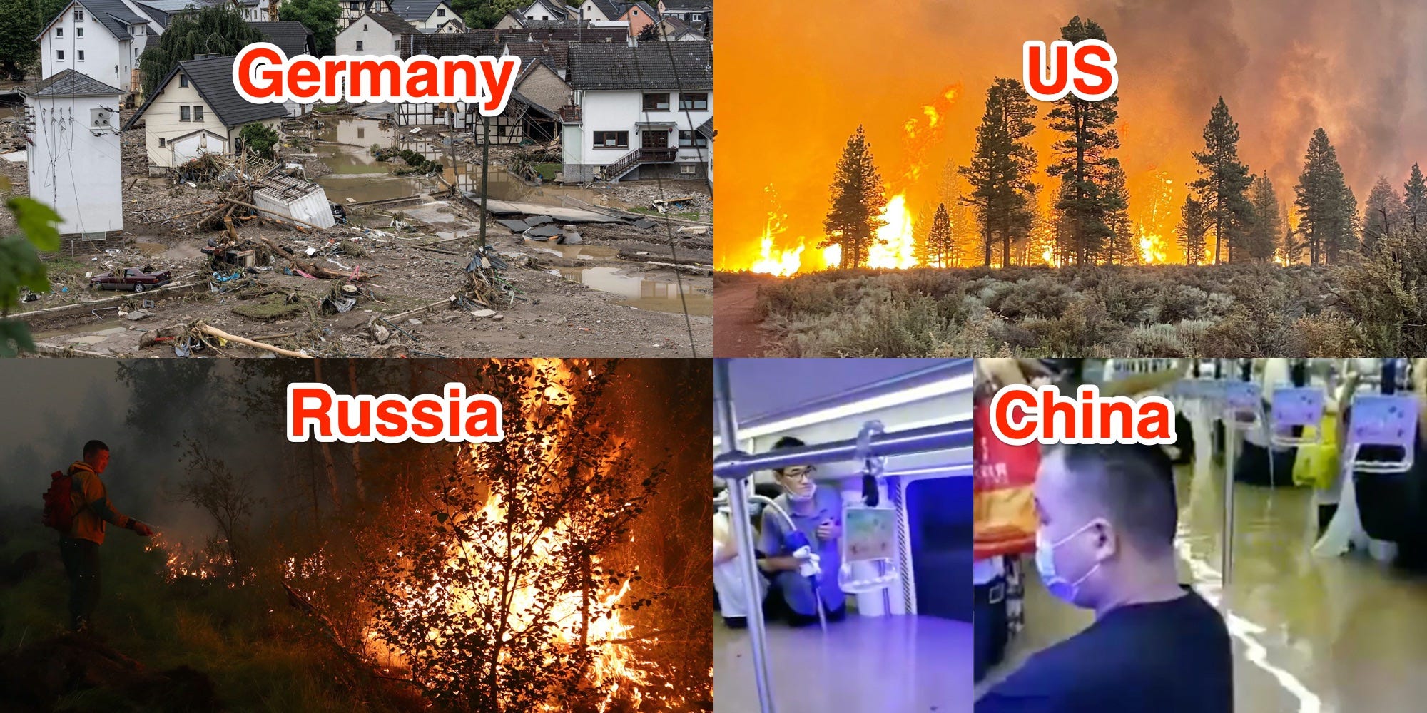 Photos showing flooding in Germany, fire in the US, fire in Russia, and flooding in China.