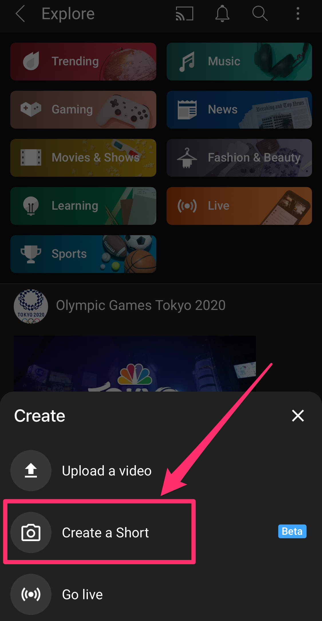 Screenshot of YouTube app "Create" pop-up menu