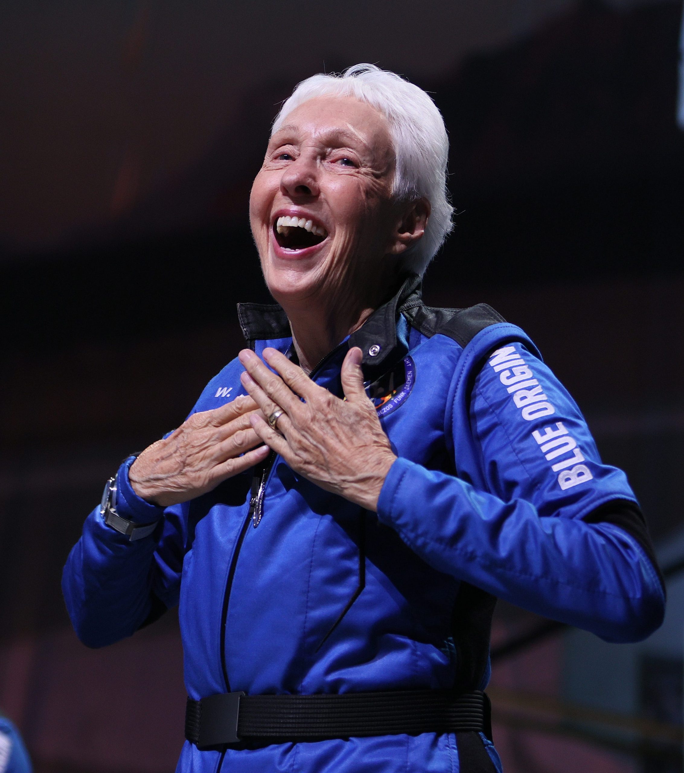 Blue Origin astronaut Wally Funk makes a speech after the launch.