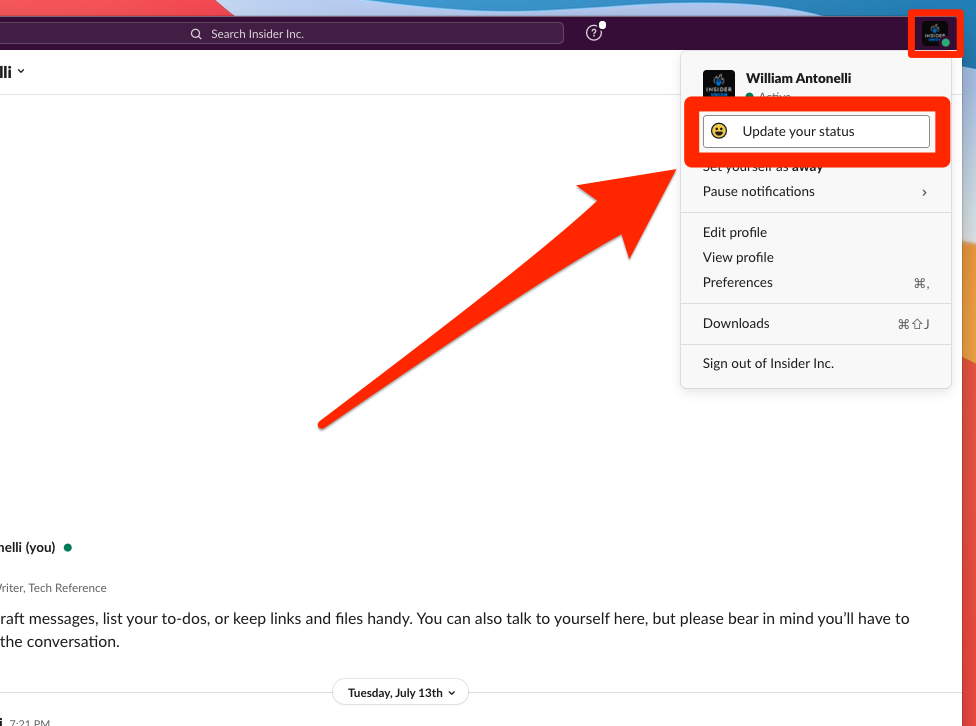 A Slack menu that lets you change your settings or status, with the status option highlighted.
