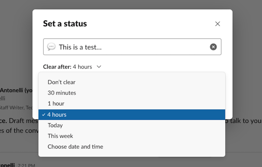 A Slack status update window.