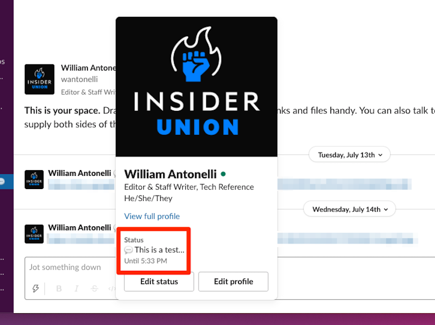 A Slack profile page with the status highlighted.