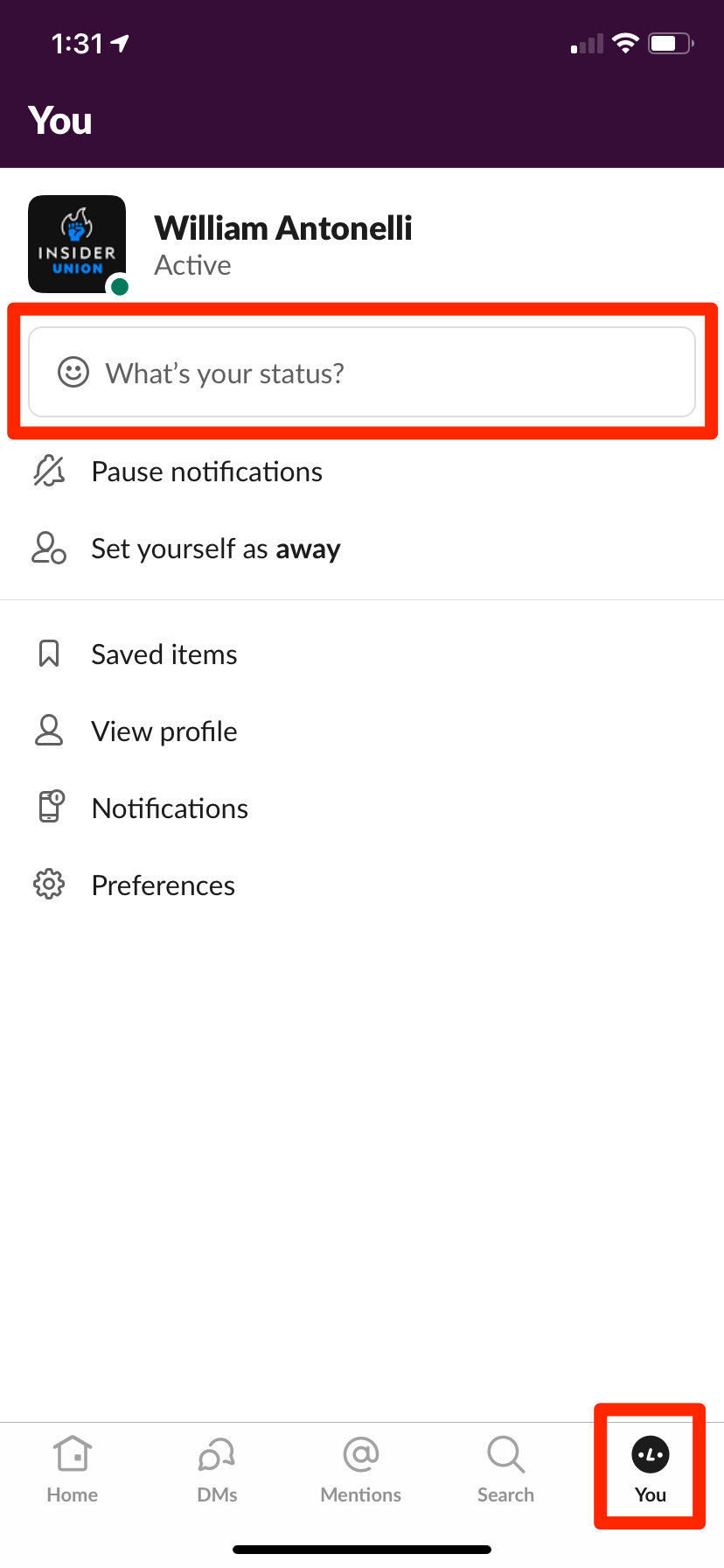 A Slack mobile app's "You" menu, with the You icon and the status update option highlighted.