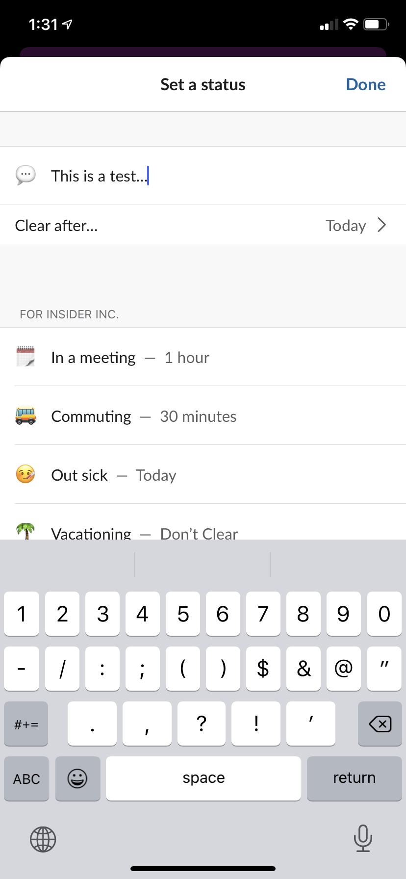 The Slack mobile app's "Set a status" menu.