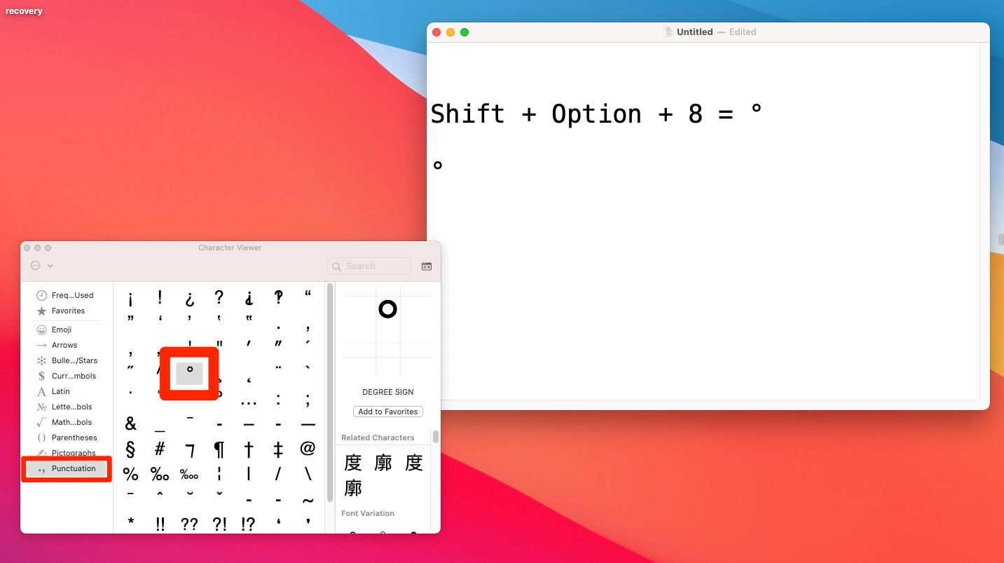 The Mac Emoji & Symbols menu with the degree sign highlighted.