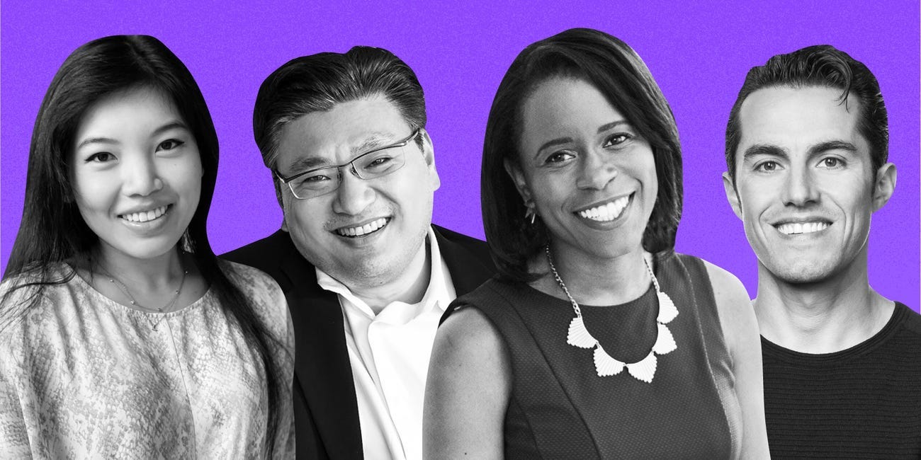 4 business people lined up on a purple background