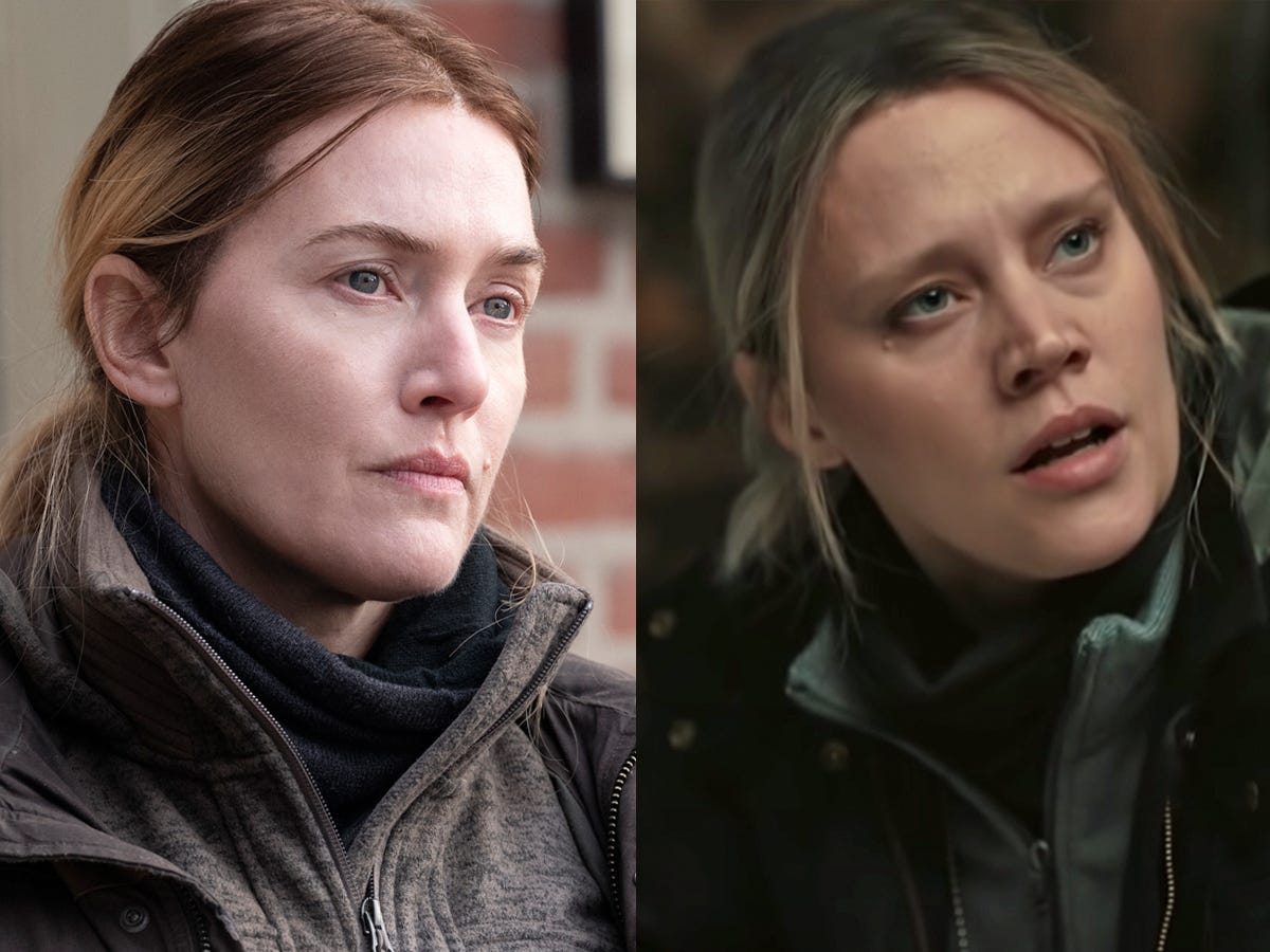 A side by side composite of Kate Winslet in "Mare of Easttown" and and Kate McKinnon "Saturday Night Live."