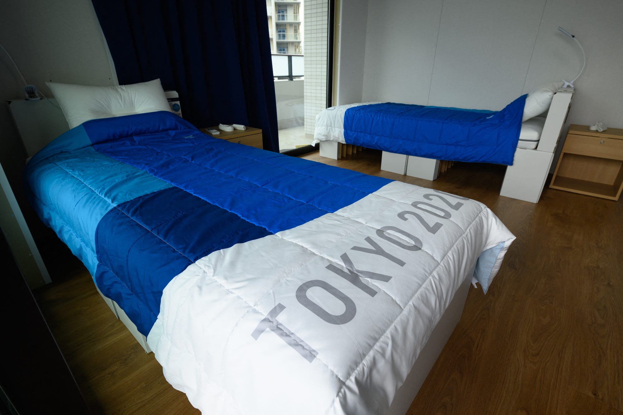 Recyclable cardboard beds and mattresses for athletes during a media tour at the Olympic and Paralympic Village for the Tokyo 2020 Games, is seen in the Harumi waterfront district of Tokyo on