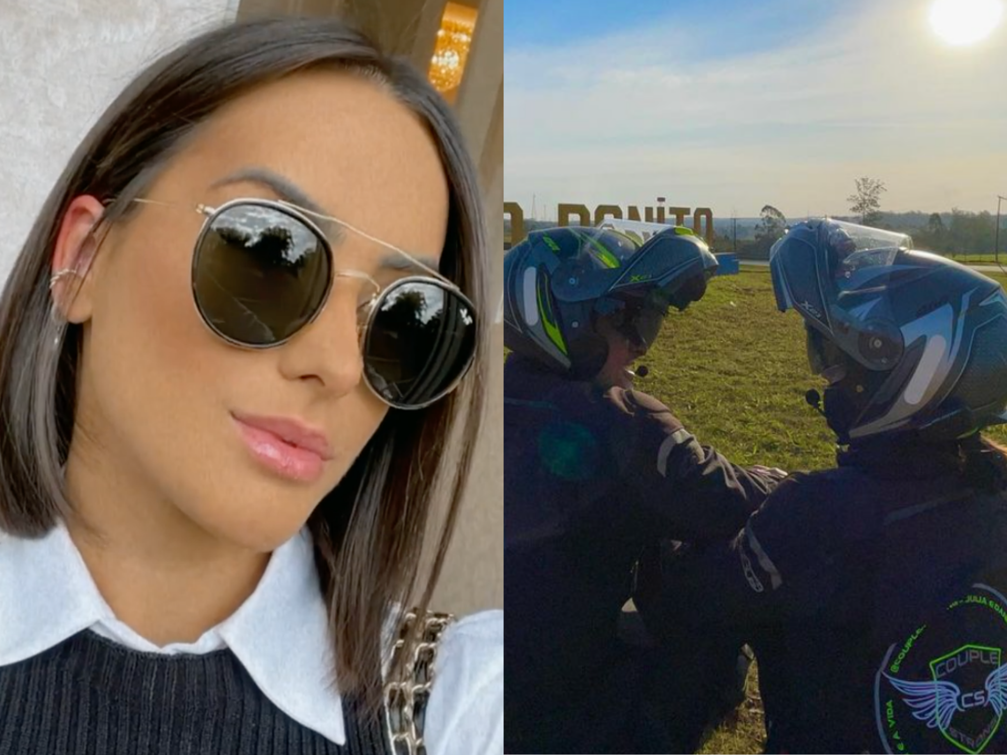 left: Júlia Hennessy Cayuela with her head tilted, looking at the camera, and wearing sunglasses; Right: Cayuela and her husband looking at each other, wearing motorcycle helmets, and sitting in a field