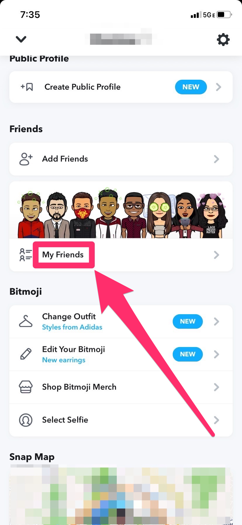 A Snapchat profile page with the "My Friends" option highlighted.