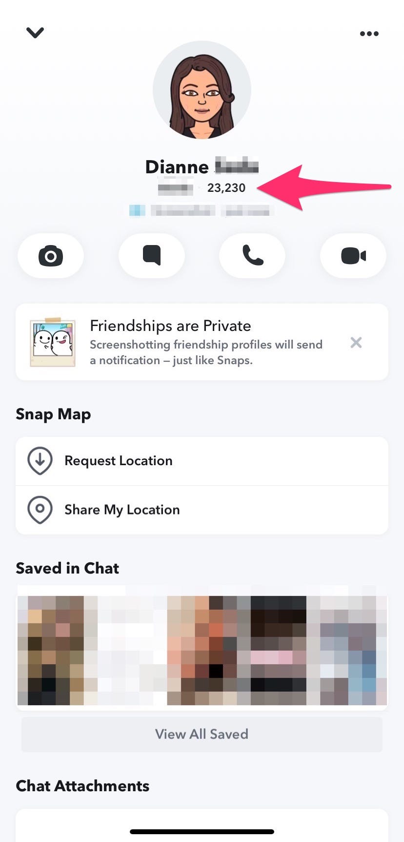 A Snapchat profile page with the Snap Score highlighted.