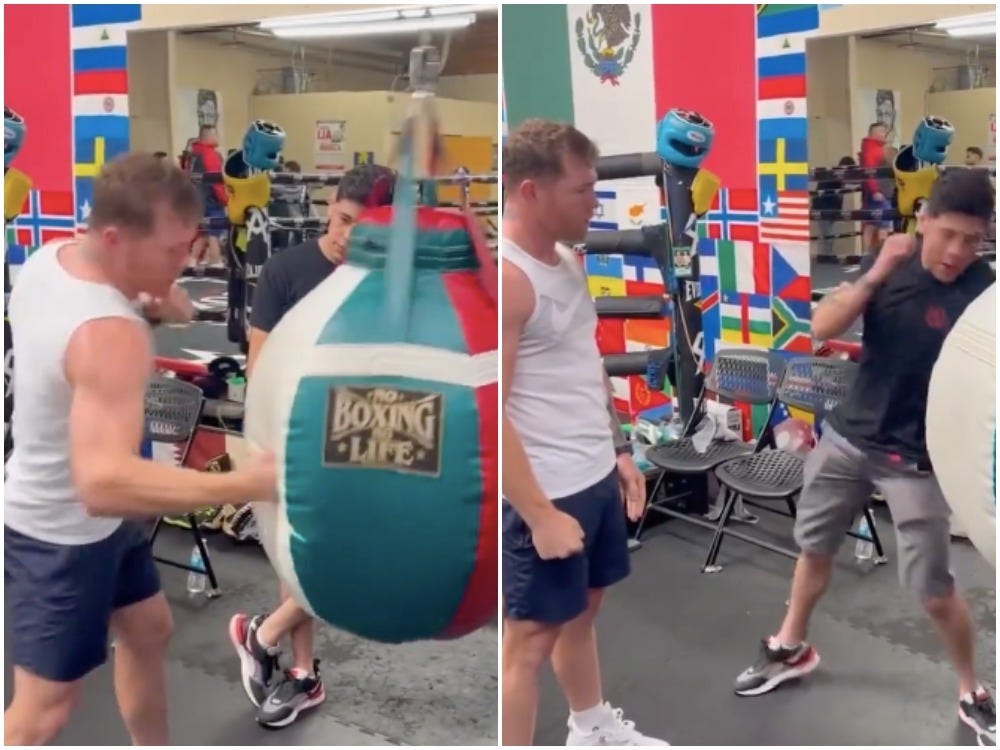 Saul Alvarez teaches Brandon Moreno his body shot strategies.