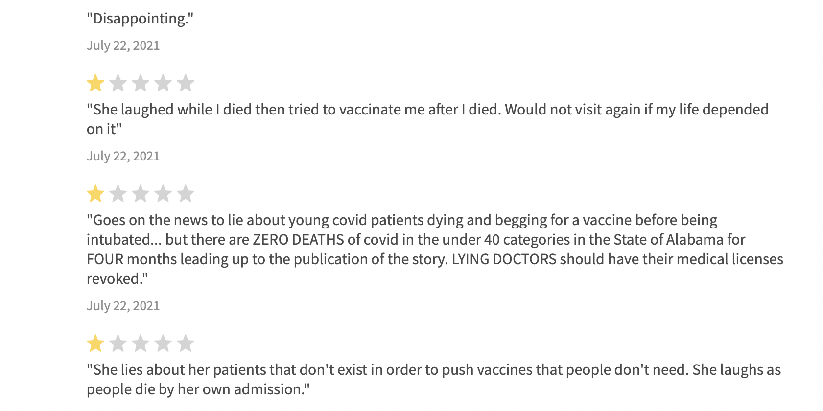 A screenshot of recent sham reviews of Dr Brytney Cobia, who is being trolled for begging people to get vaccinated against COVID-19