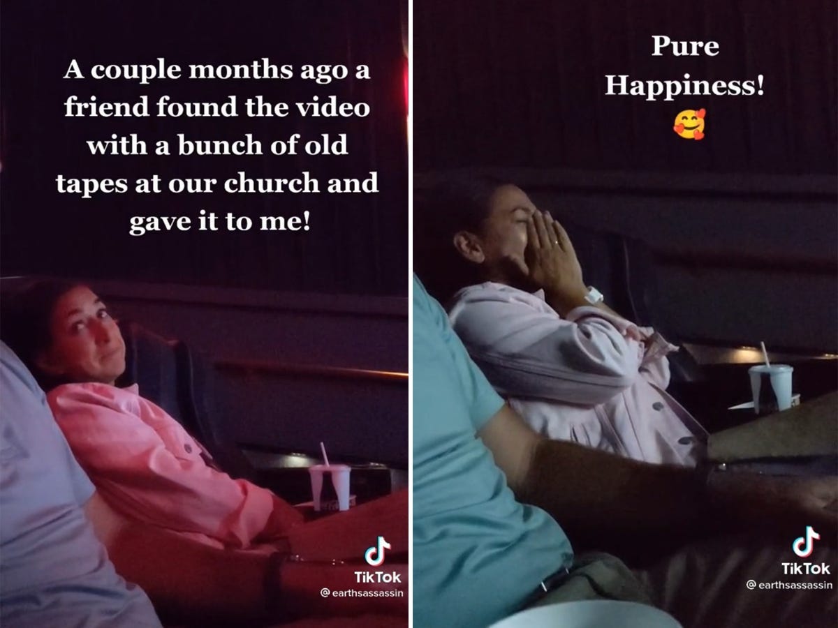 Two screenshots of a TikTok of a woman being surprised with her wedding video in a movie theater.