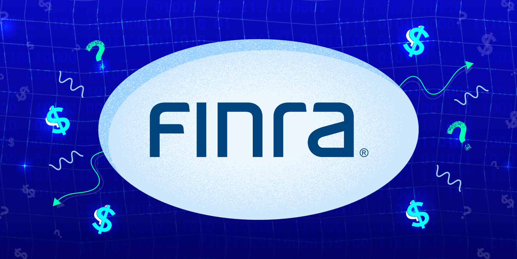 Finra logo inside oval shape, surrounded by financial icons on blue background