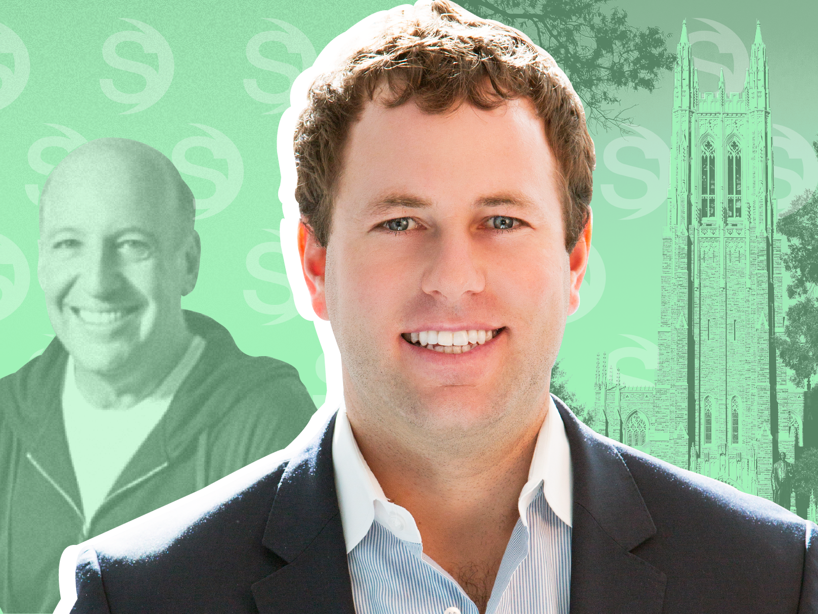 headshot of ryan tolkin against a green background with faded images of duke university, steven schonfeld, and the schonfeld logo