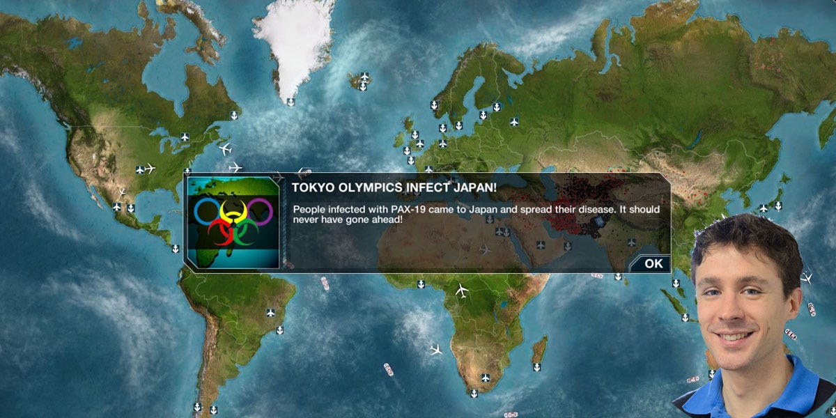 A screenshot of the Plague Inc game with 'Tokyo Olympics Infect Japan' written on it. Plague Inc creator James Vaughan pictured in the corner