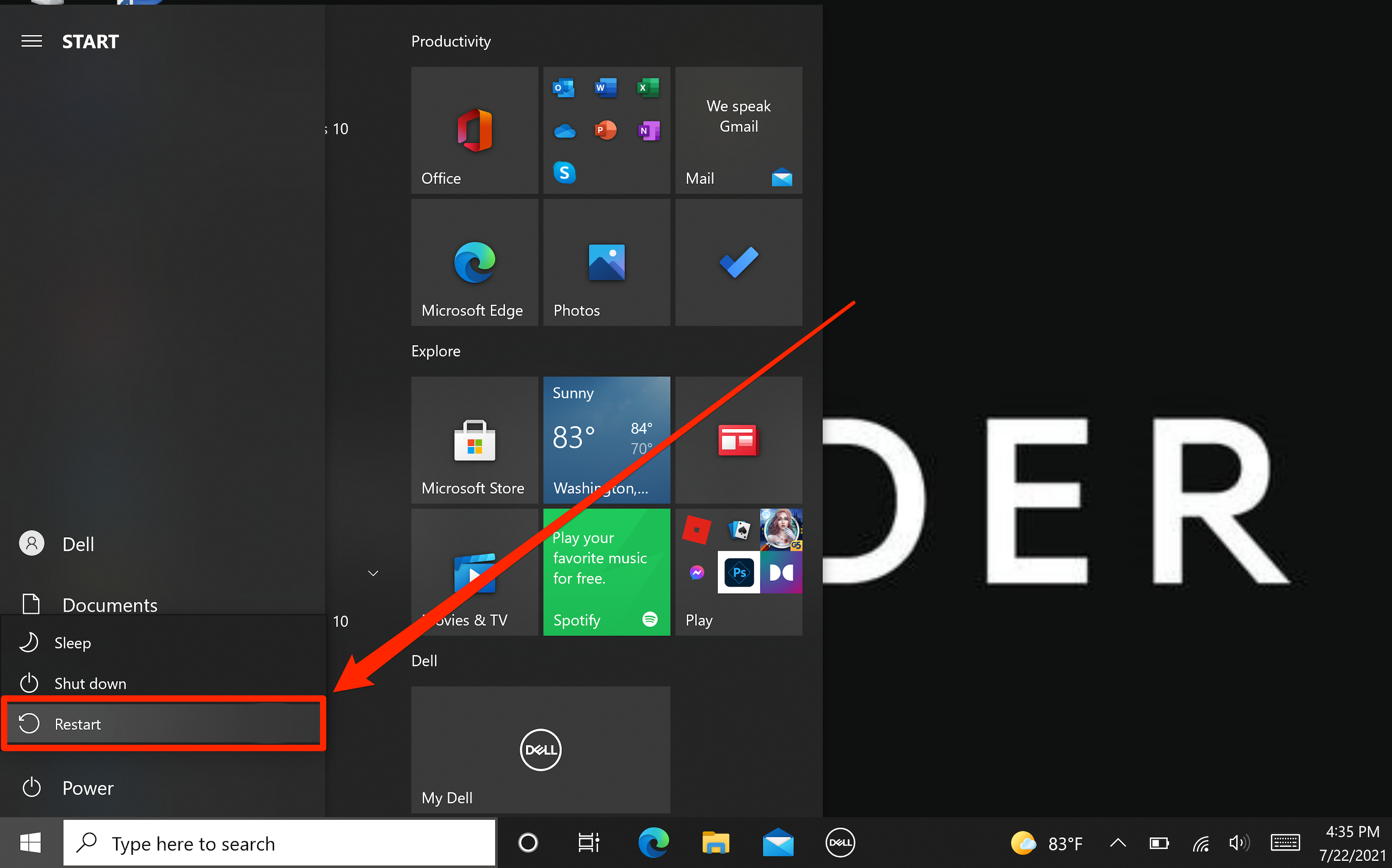 A Windows 10 desktop with the Start menu opened and the "Restart" option highlighted.