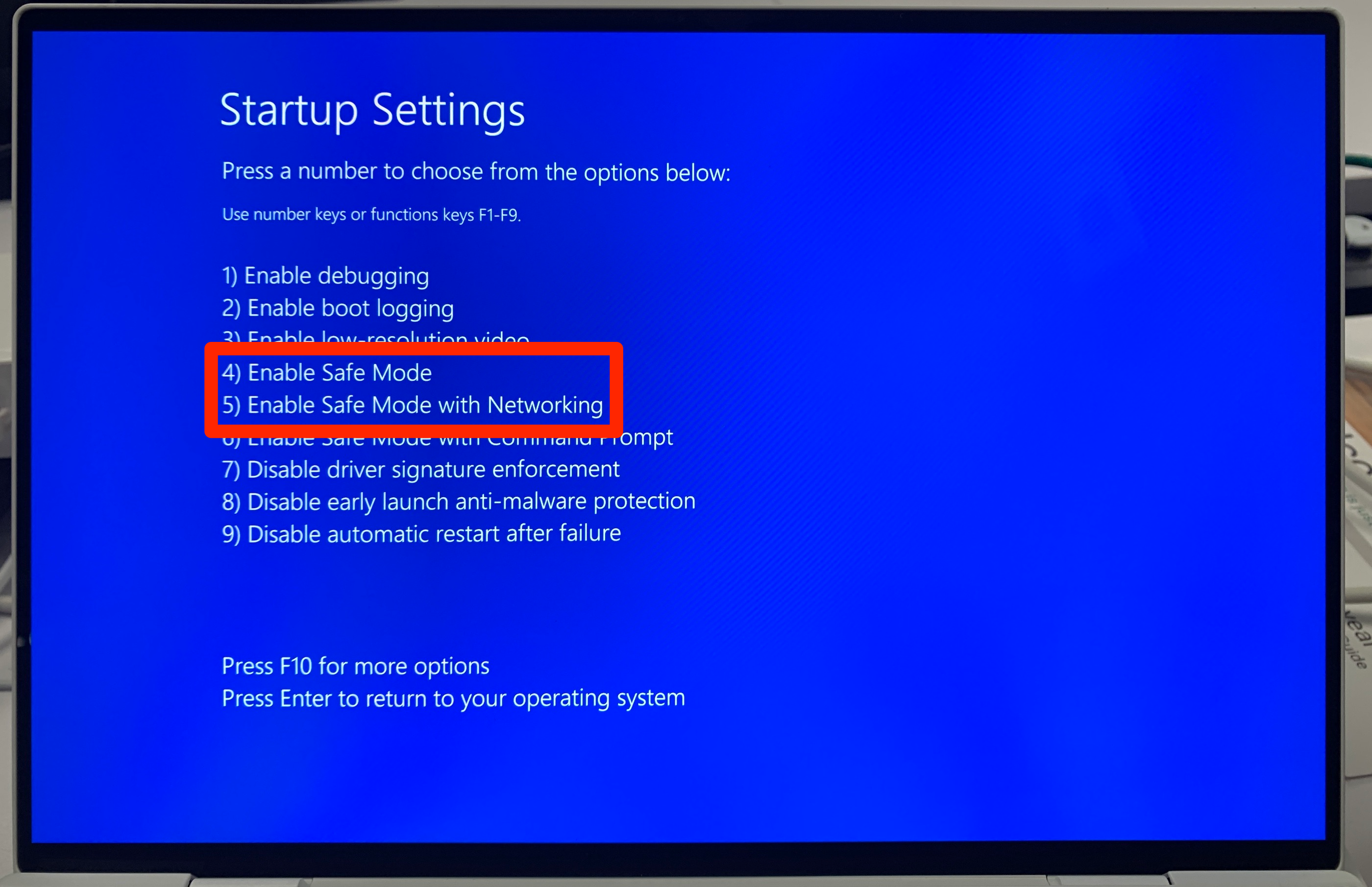 A PC screen asking how the user would like to start the computer. Two "Enable Safe Mode" options are highlighted.
