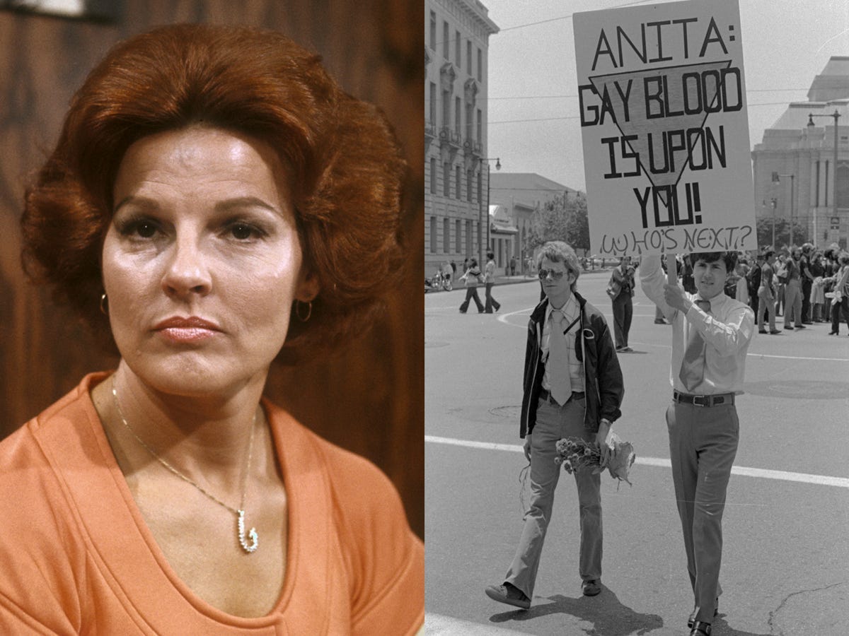 A portrait of Anita Bryant, a prominent anti-gay crusader who led the "Save Our Children" campaign, alongside an image of two protesters at the Gay Freedom Day parade. One holds a sign that reads, "Anita: Gay blood is upon you. Who's next?"