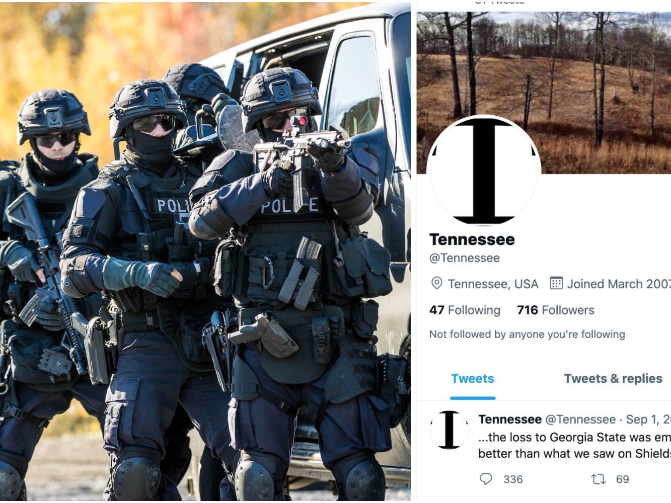 Stock photo of SWAT team and a screenshot Mark Herring's Twitter handle