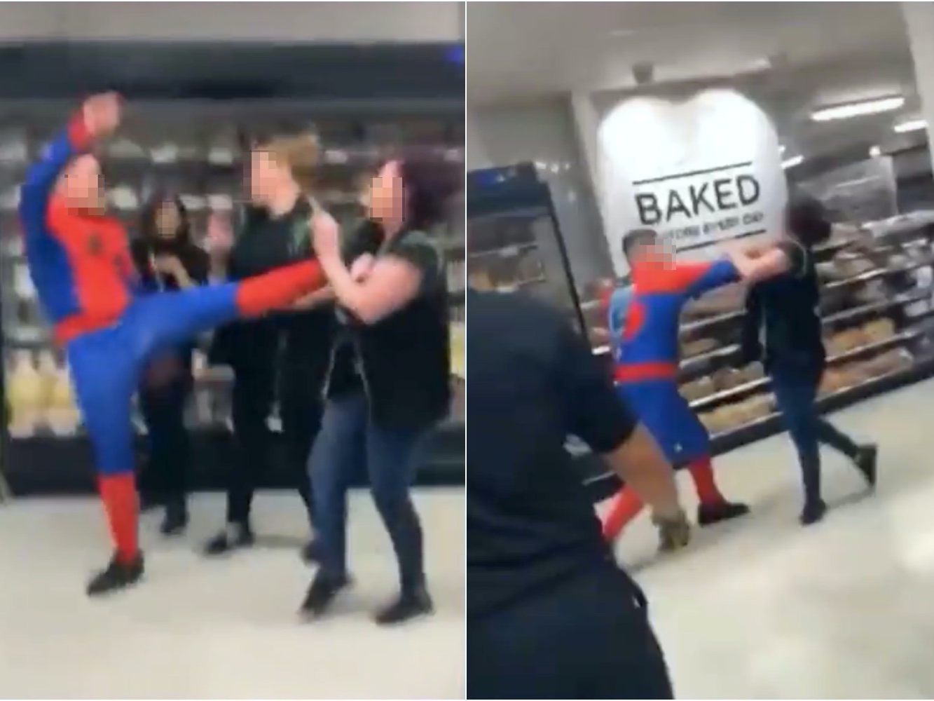 Screenshots of the man dressed as Spider-Man attacking a female Asda worker