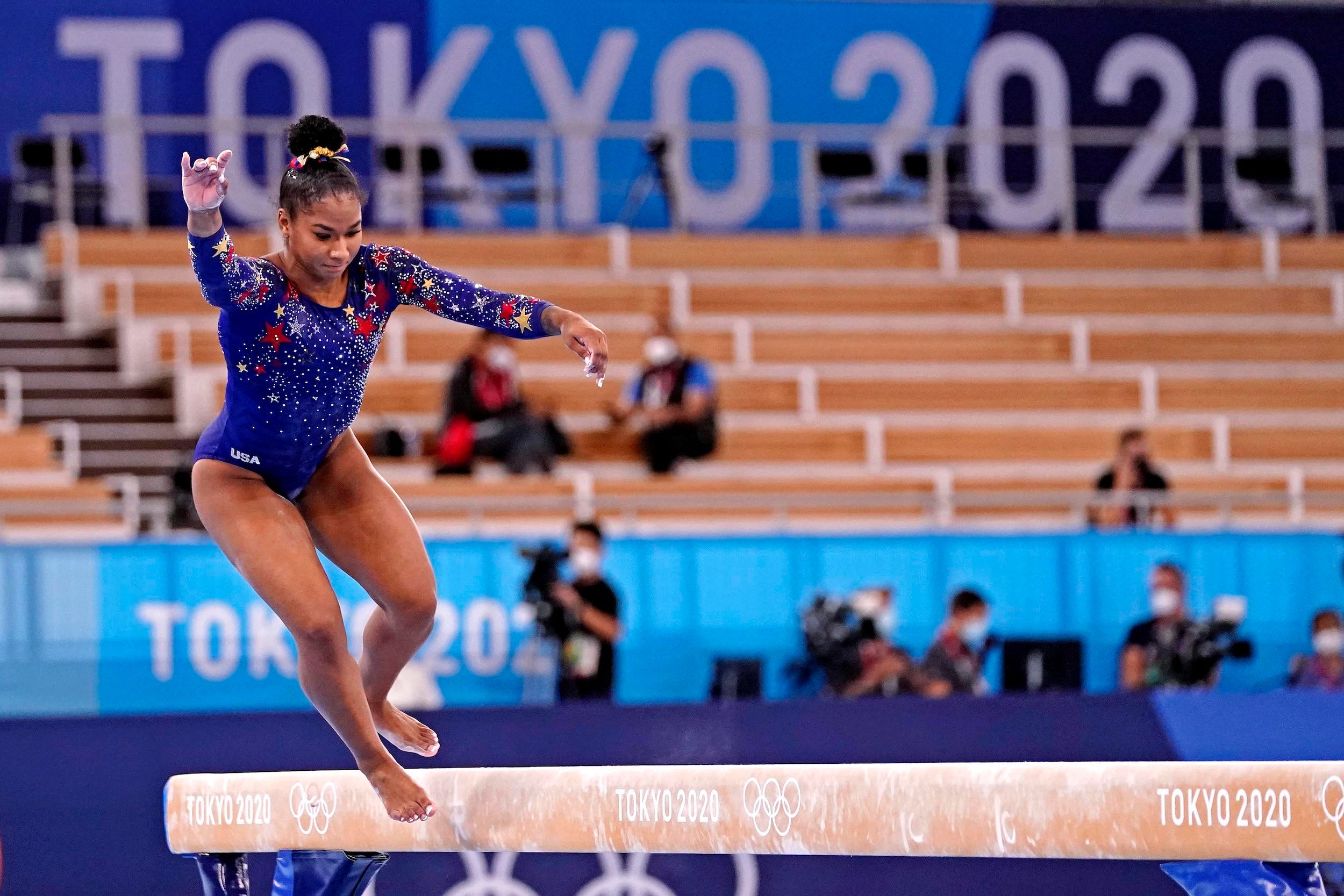 Jordan Chiles falls off the beam during the Tokyo Olympics women's gymnastics qualification.