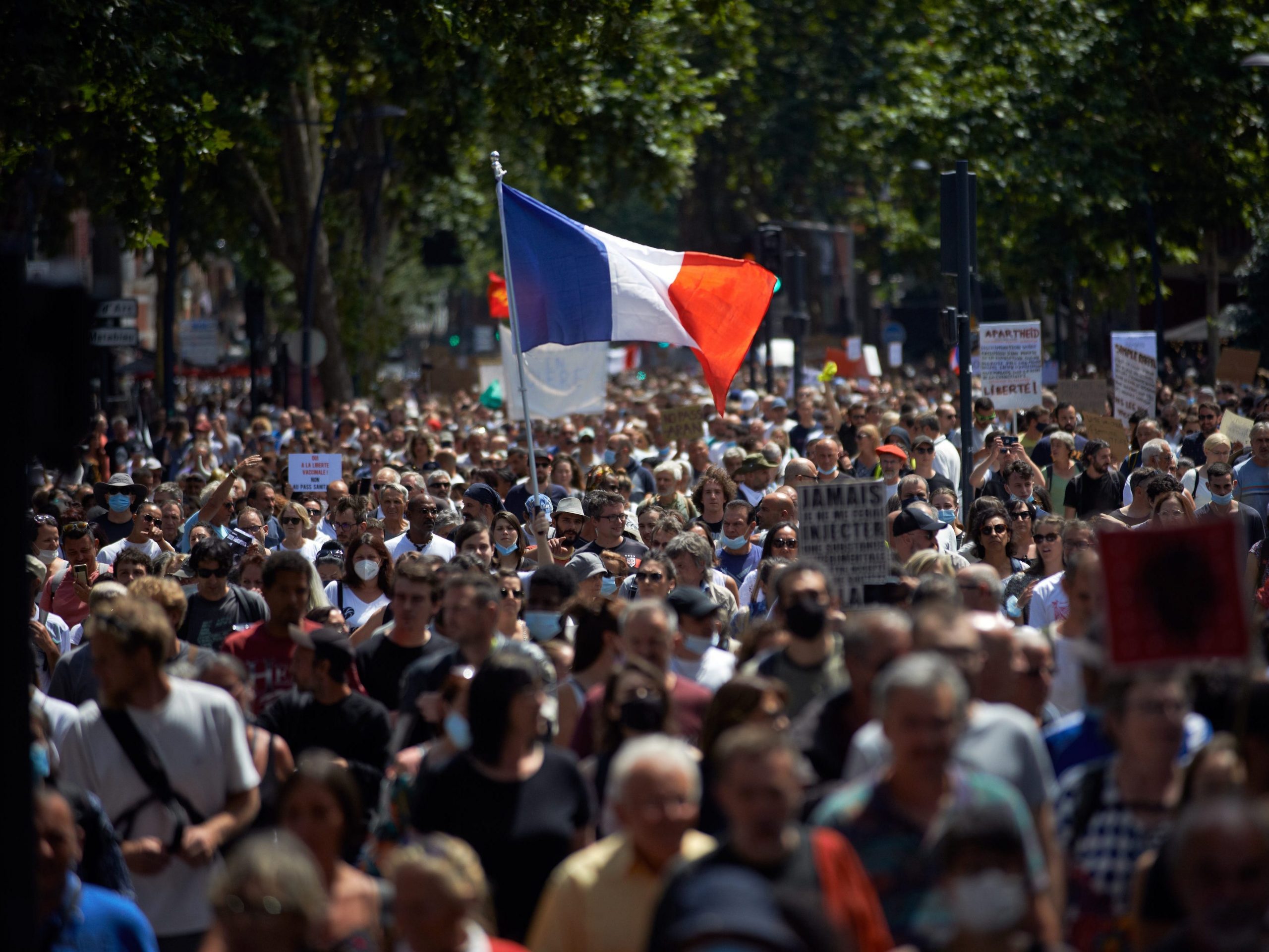 More than 10,000 protesters took to the streets in Toulouse against the near mandatory vaccination and against the health pass after the Macron's speech on July 12th.