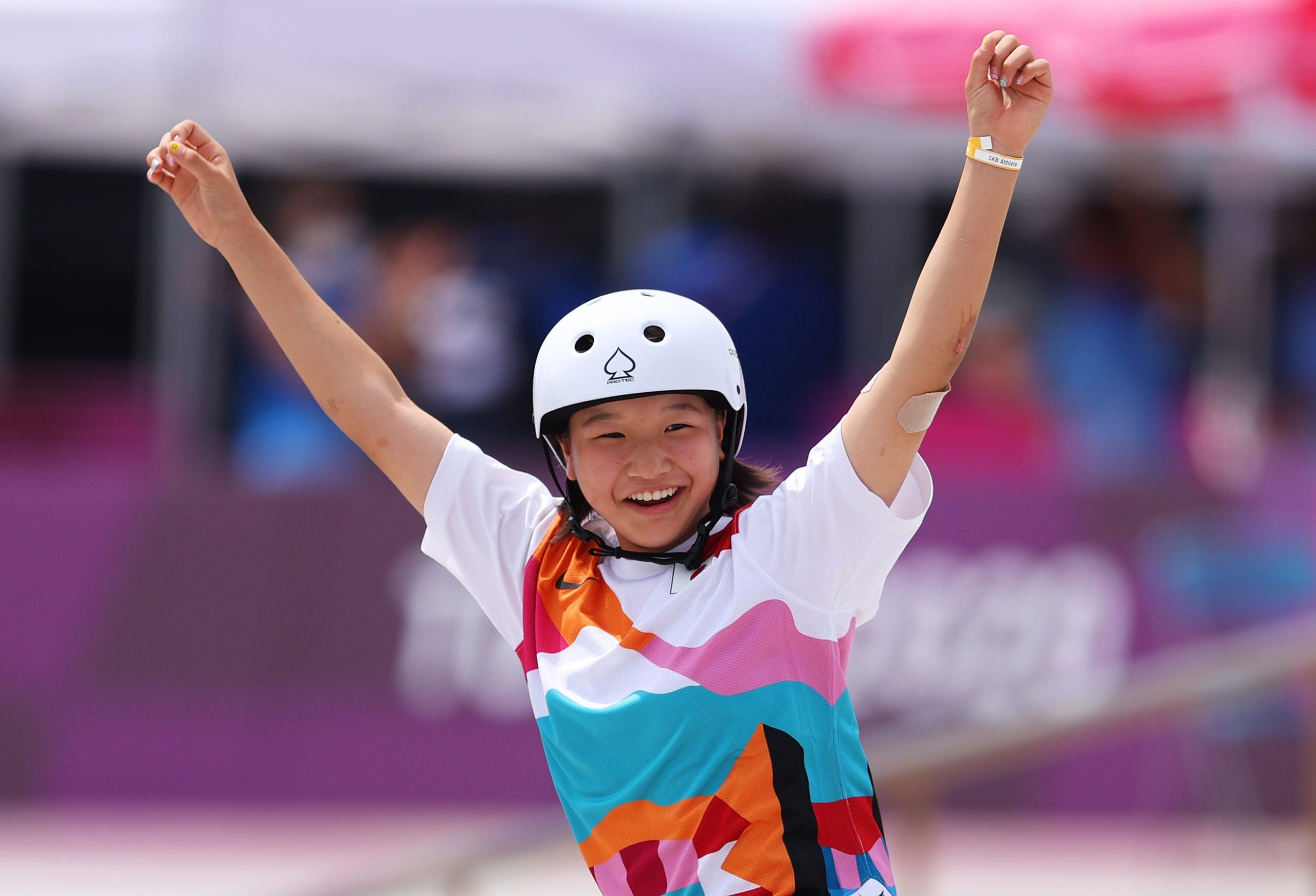 Momiji Nishiya of Team Japan celebrates during the Women's Street Final on day three of the Tokyo 2020 Olympic Games at Ariake Urban Sports Park on July 26, 2021 in Tokyo, Japan.