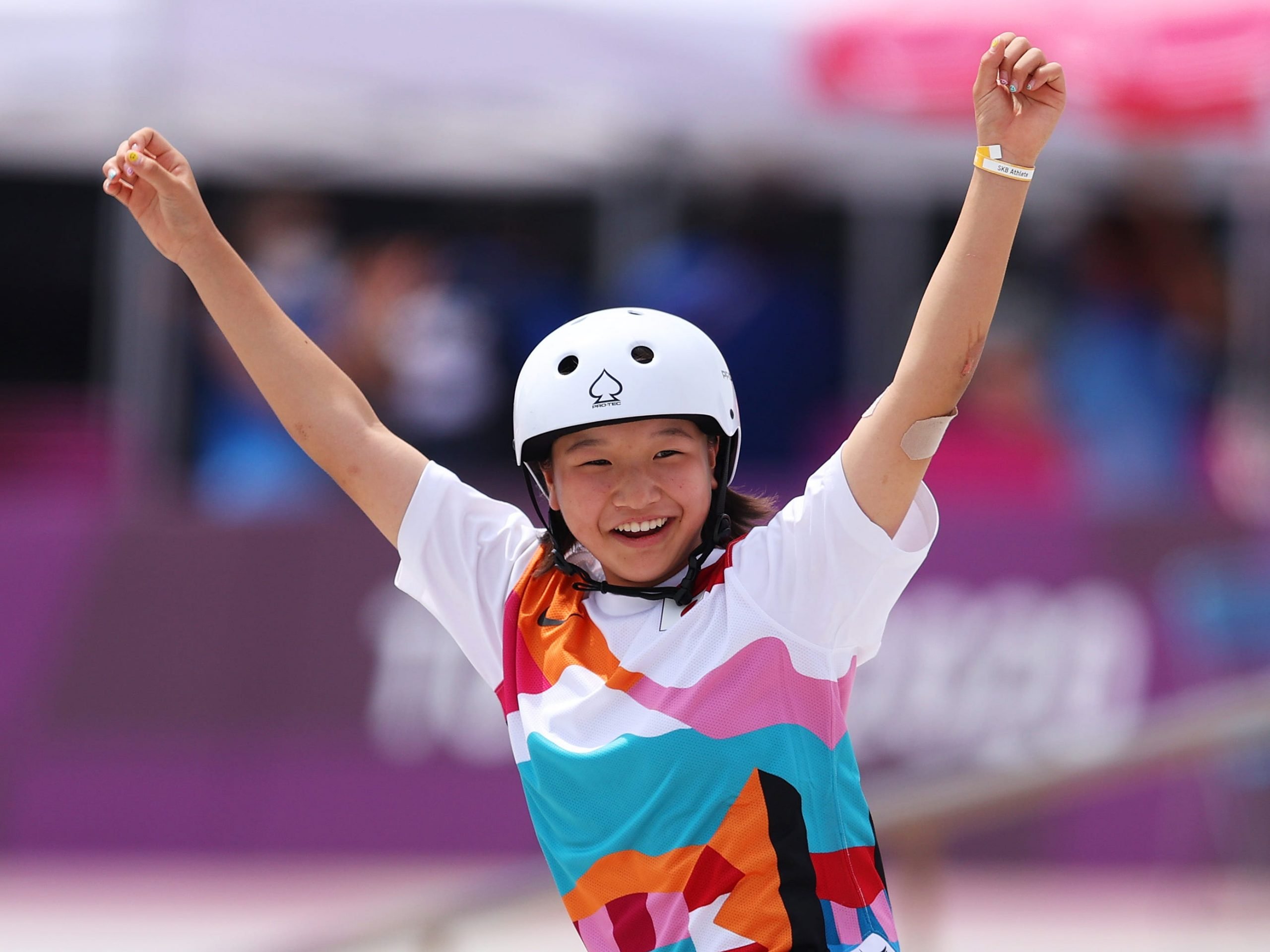 Momiji Nishiya of Team Japan celebrates during the Women's Street Final on day three of the Tokyo 2020 Olympic Games at Ariake Urban Sports Park on July 26, 2021 in Tokyo, Japan.