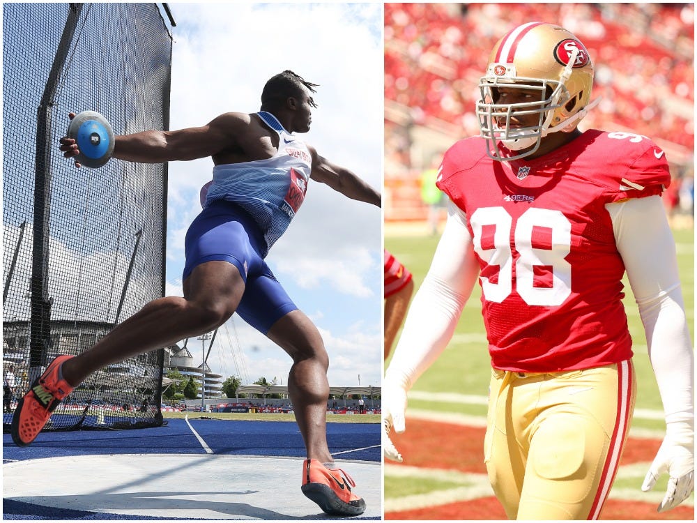 Lawrence Okoye throws a discus on the left, and, on the right, wears the San Francisco 49ers uniform during his former NFL career.
