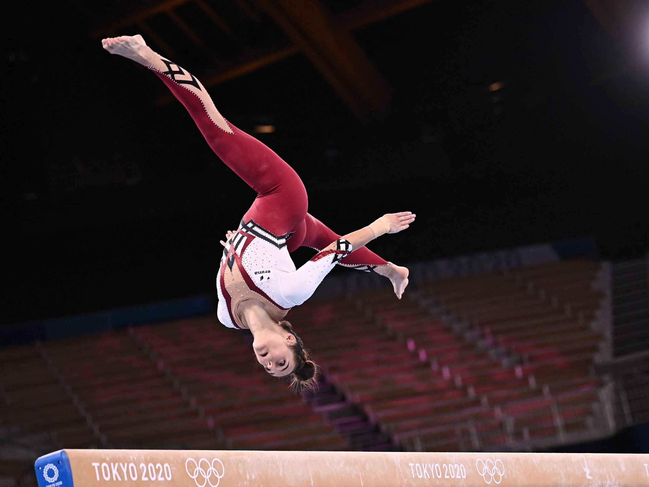 Germany's Pauline Schaefer-Betz flips whilst competing at the Tokyo Olympics