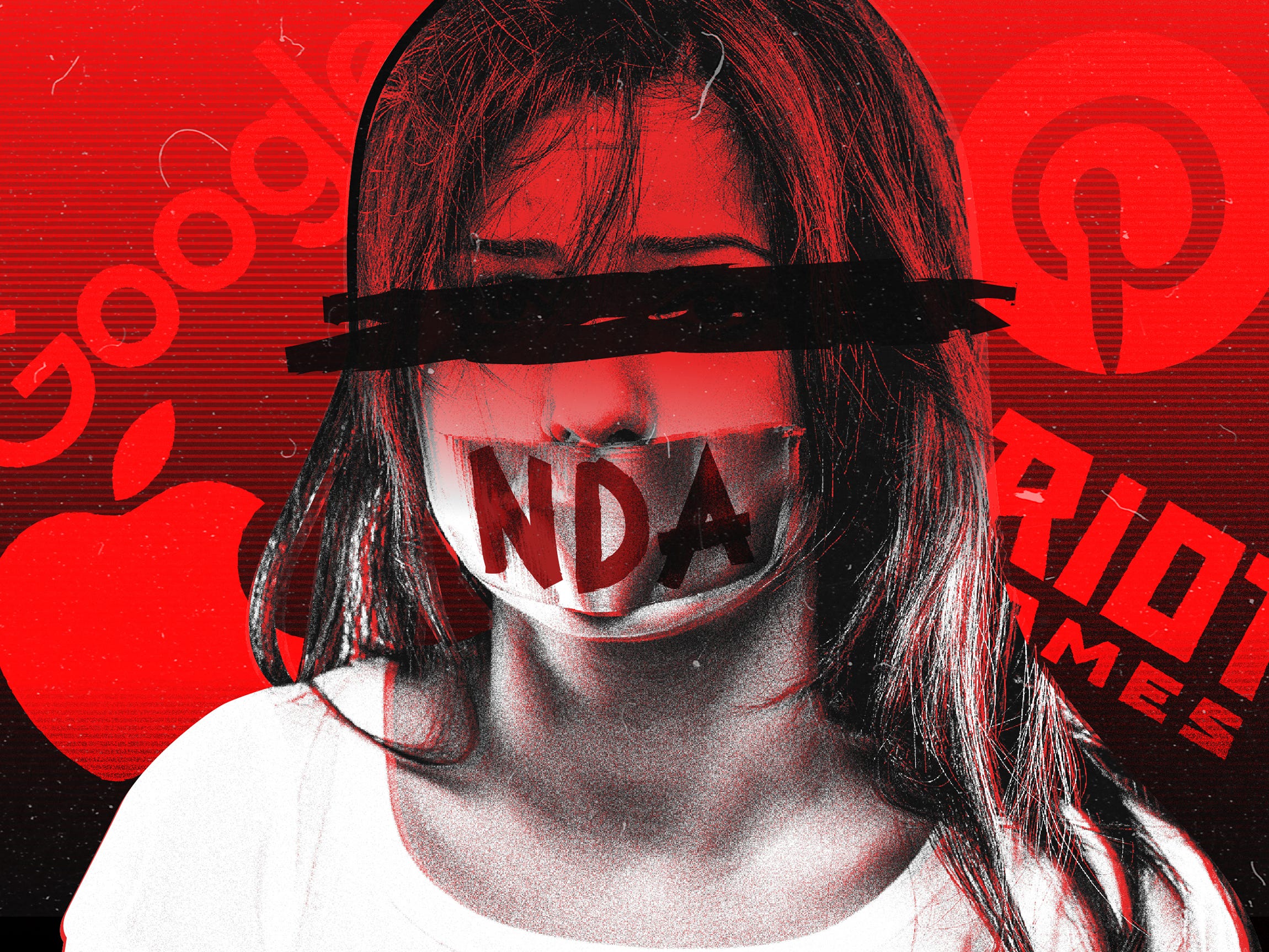 Anonymous woman with a NDA-labeled duct tape over her mouth with Google, Apple, Pinterest, and Riot Games logos behind her on a red to black gradient background