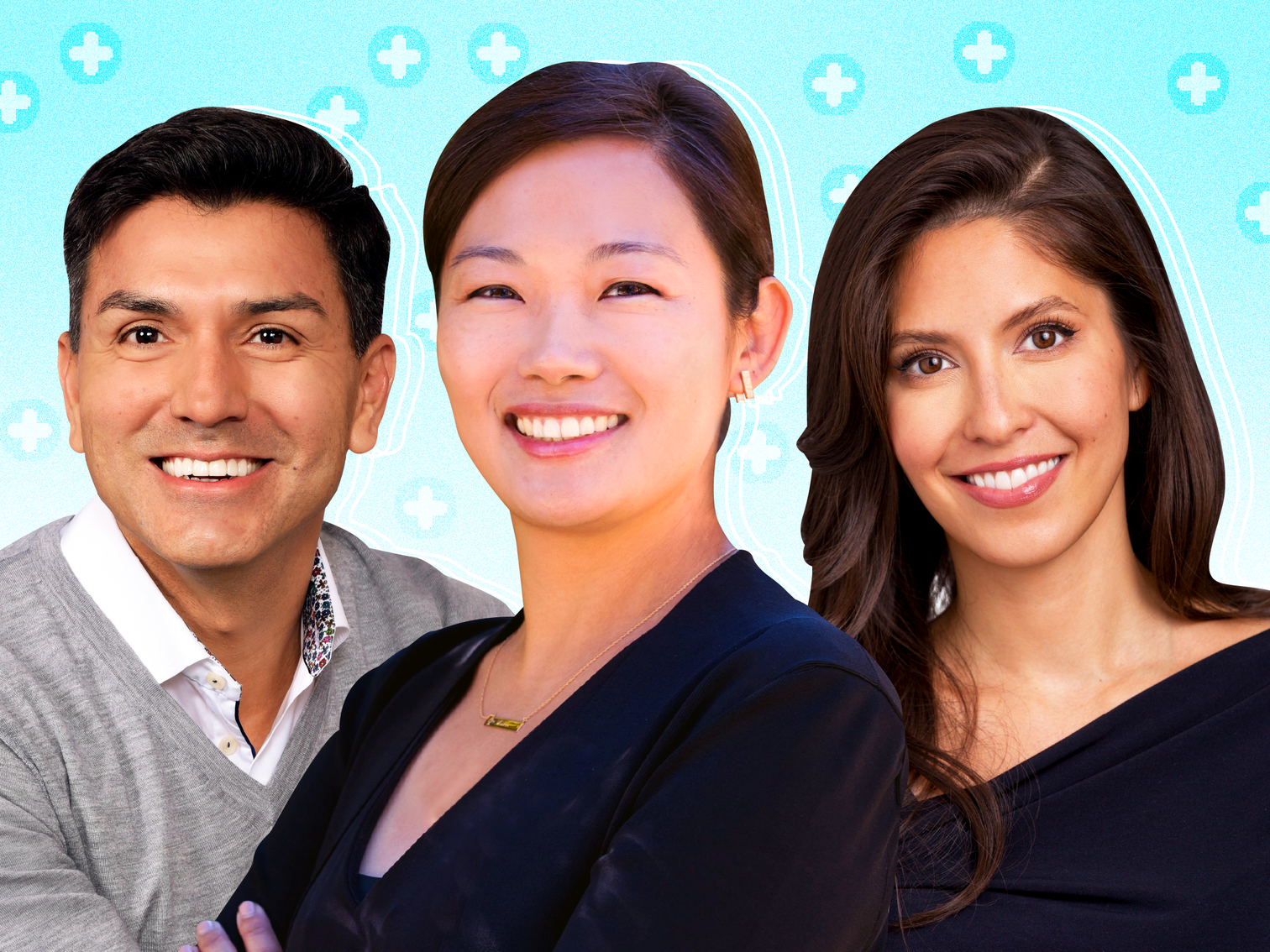 Headshots of Michael Esquivel, Julie Yoo, and Stephanie Davis against a teal gradient background with pixelated cross symbols