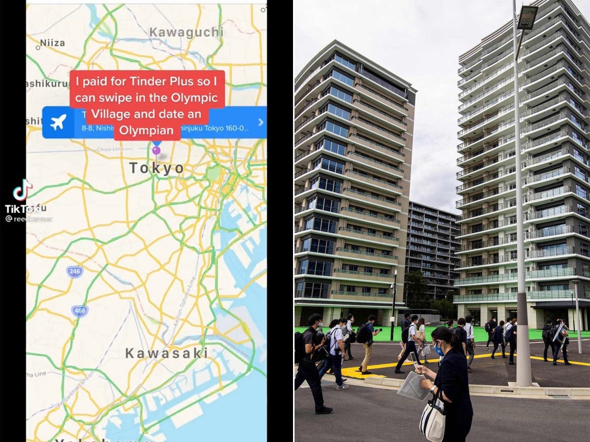 A side-by-side of a screenshot of a TikTok and the Tokyo Olympic Village.