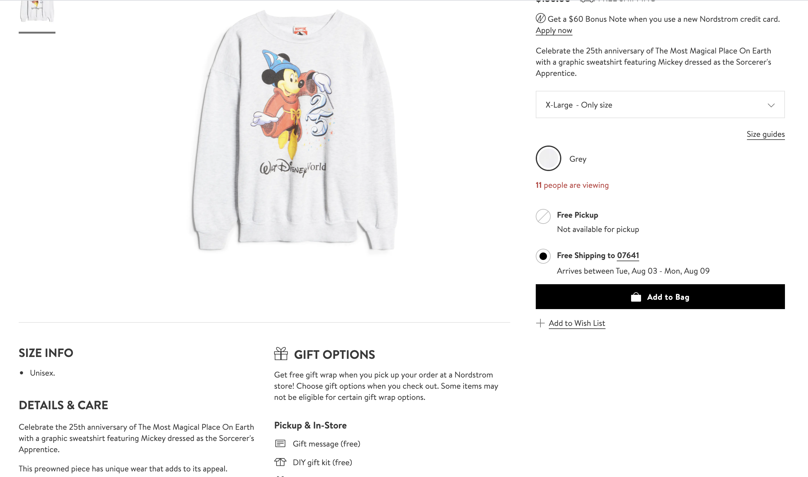 A screenshot of a vintage Disney sweatshirt on Nordstrom's website.