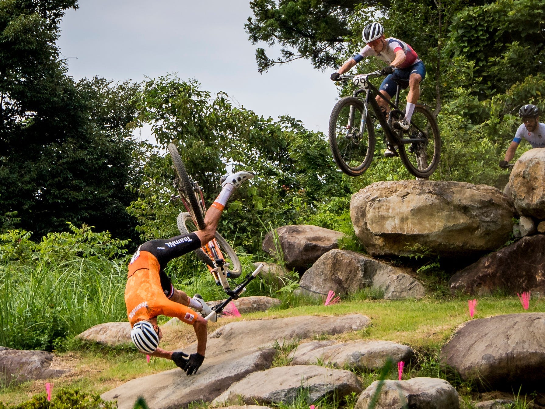 Dutch cyclist Mathieu Van der Poel falls during race at Tokyo 2020.