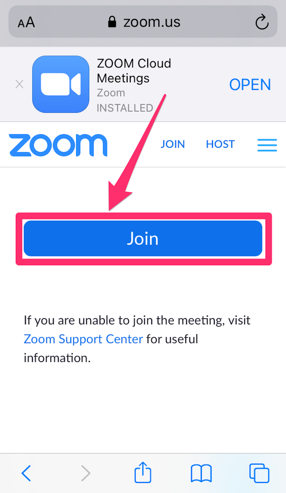 Screenshot of Zoom test website on mobile browser