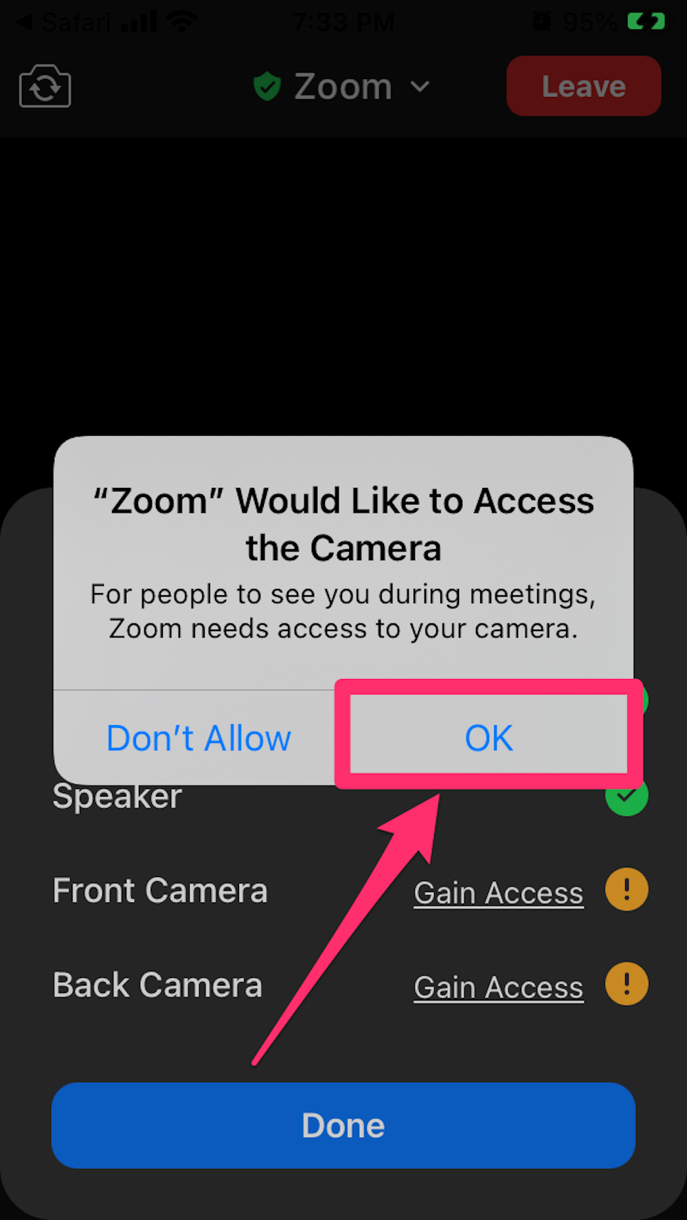 Screenshot of Zoom app camera access pop-up