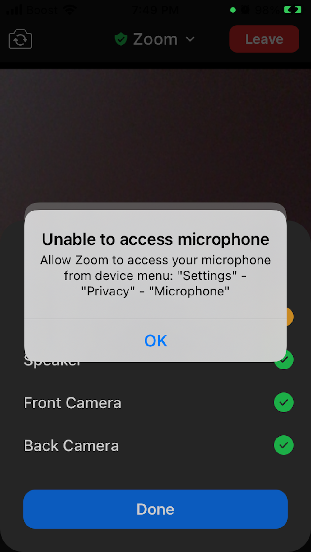 Screenshot of Zoom app microphone issue pop-up