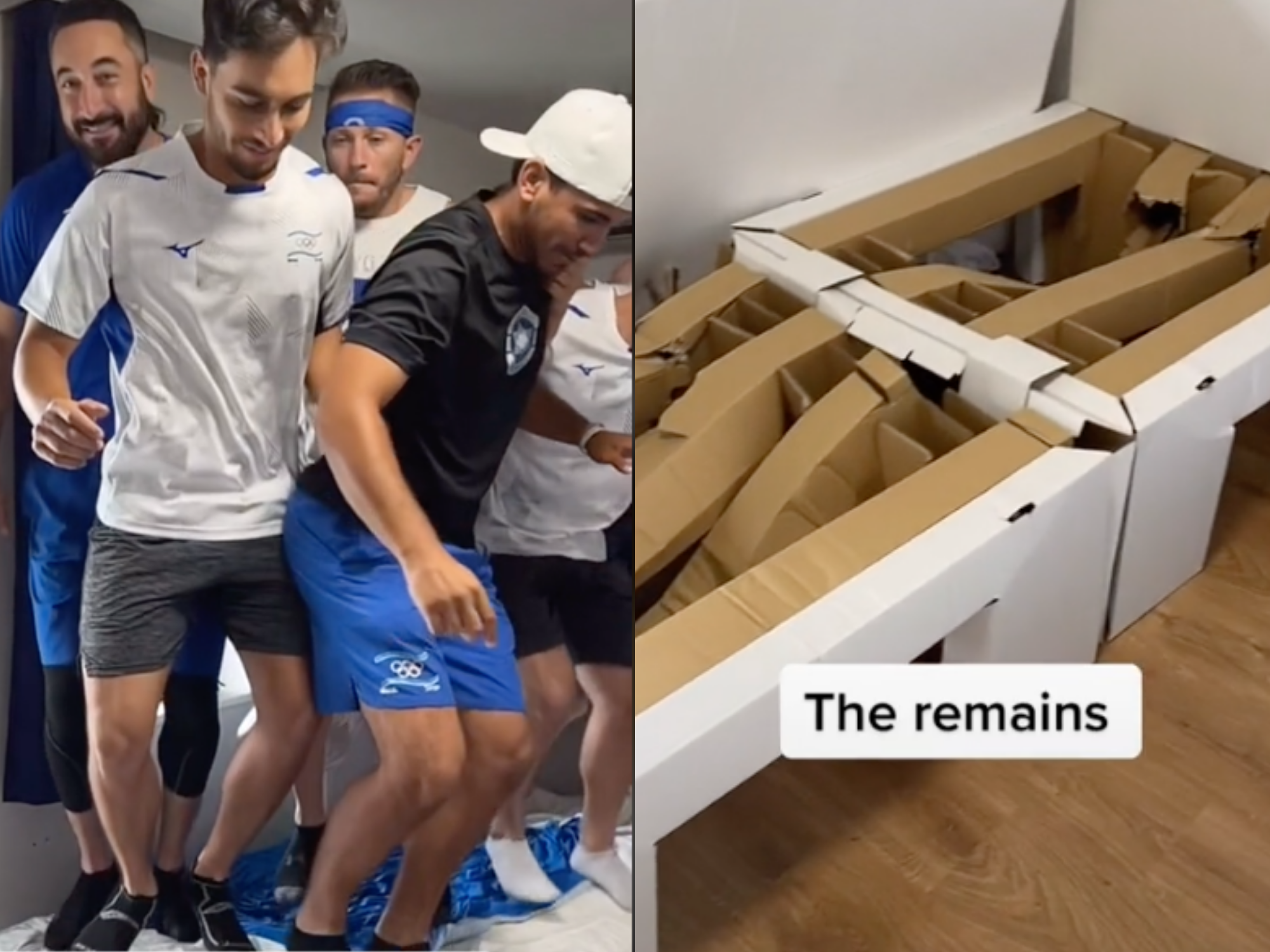 left: a group of nine Israeli athletes standing on a bed; right: a broken cardboard bed with text that reads "the remains"